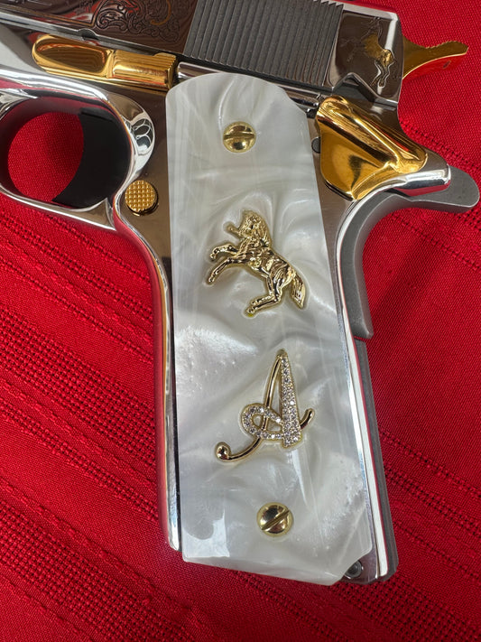 1911 White Pearl Grips “A” Letter Inlay with CZ Stones 24K Gold Plated Horse