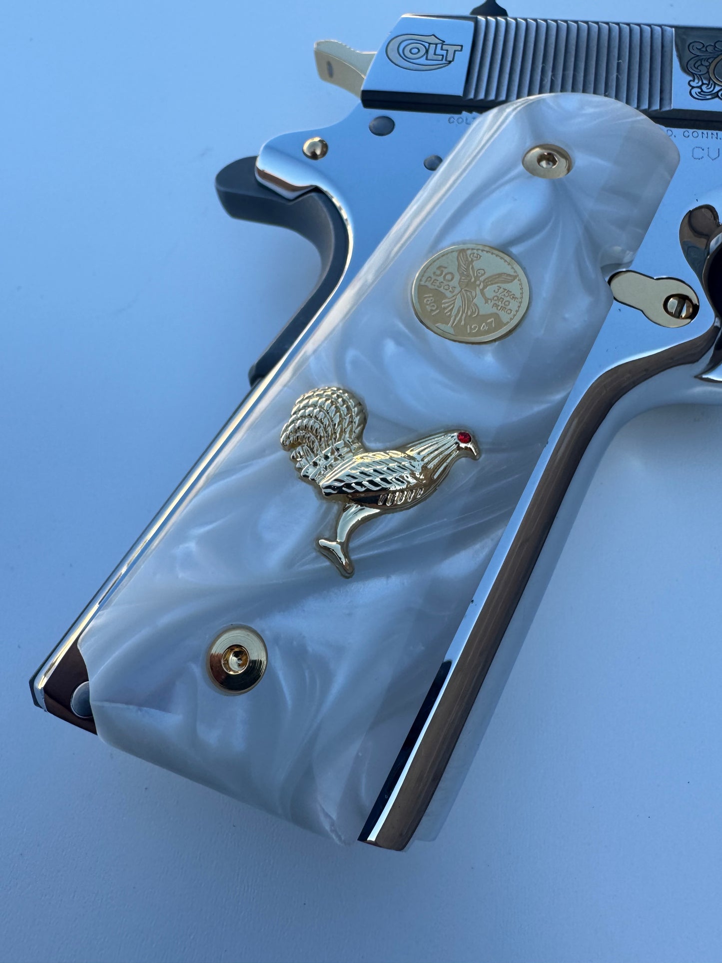 1911 Rooster Centenario 24k Gold Plated Inlayed CZ stone and Gold Fill  White Pearl Grips