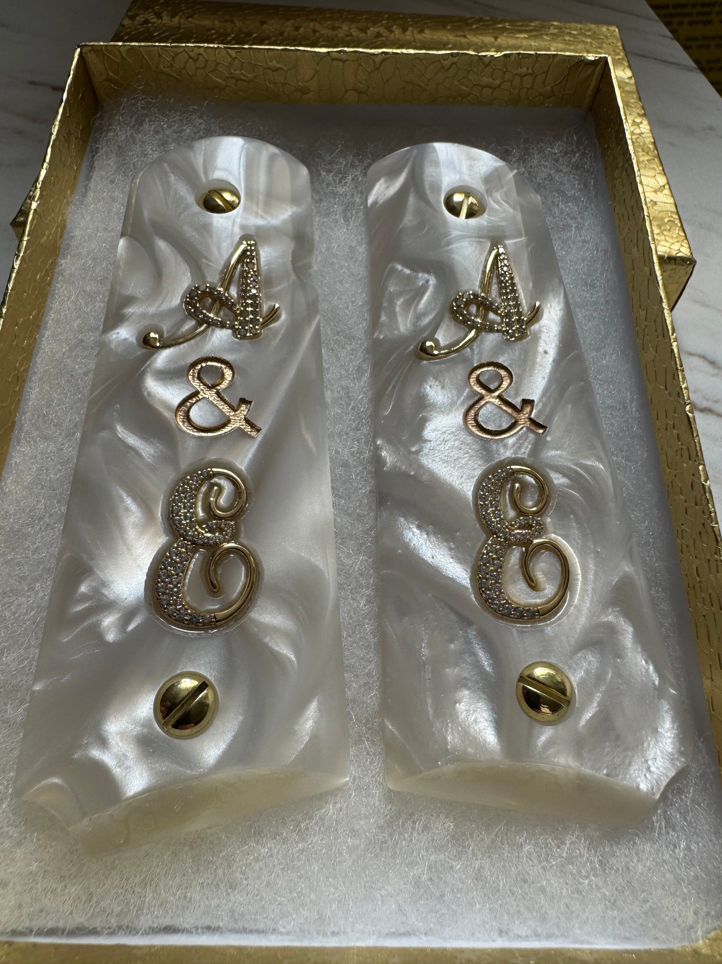 1911 Full Size White Pearl Grips “A & E” Gold Letter Inlays with CZ Stones Compatible with .45 ACP / .38 Super