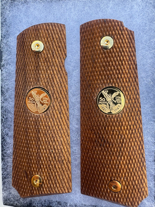 1911 Colt Series 70 Factory Original, Checkered Wood Grips with custom 24k Gold filled Mexican Medallion