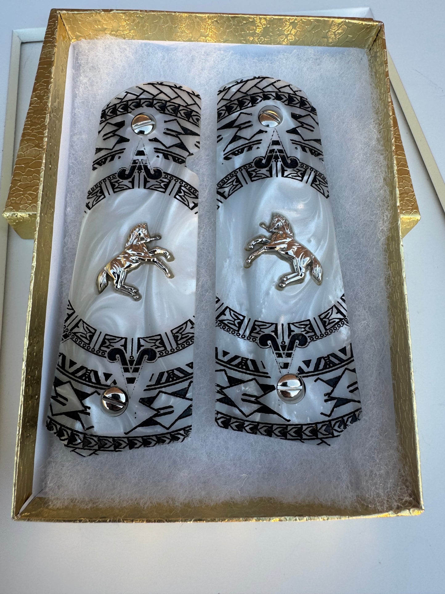 1911 Colt Nickel-Plated Horse Grips – Pearl with Aztec Motif Engraving (.45 ACP / .38 Super) – Rare