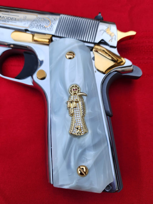 1911 Santa Muerte Design with CZ stones with 24K Gold Plated Screws White Pearlite Grips