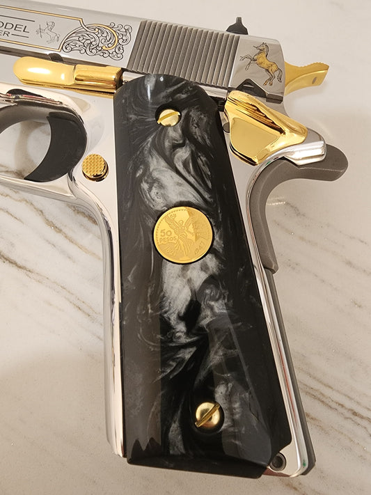 1911 Black Pearl Mini Centenario 14k Gold Filled Coin Grips 45 acp 38 Super