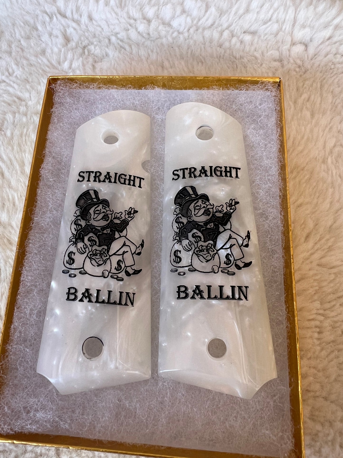 1911 Pearl Laser Engraved Monopoly Man Grips Image 45 acp 38 Super cal