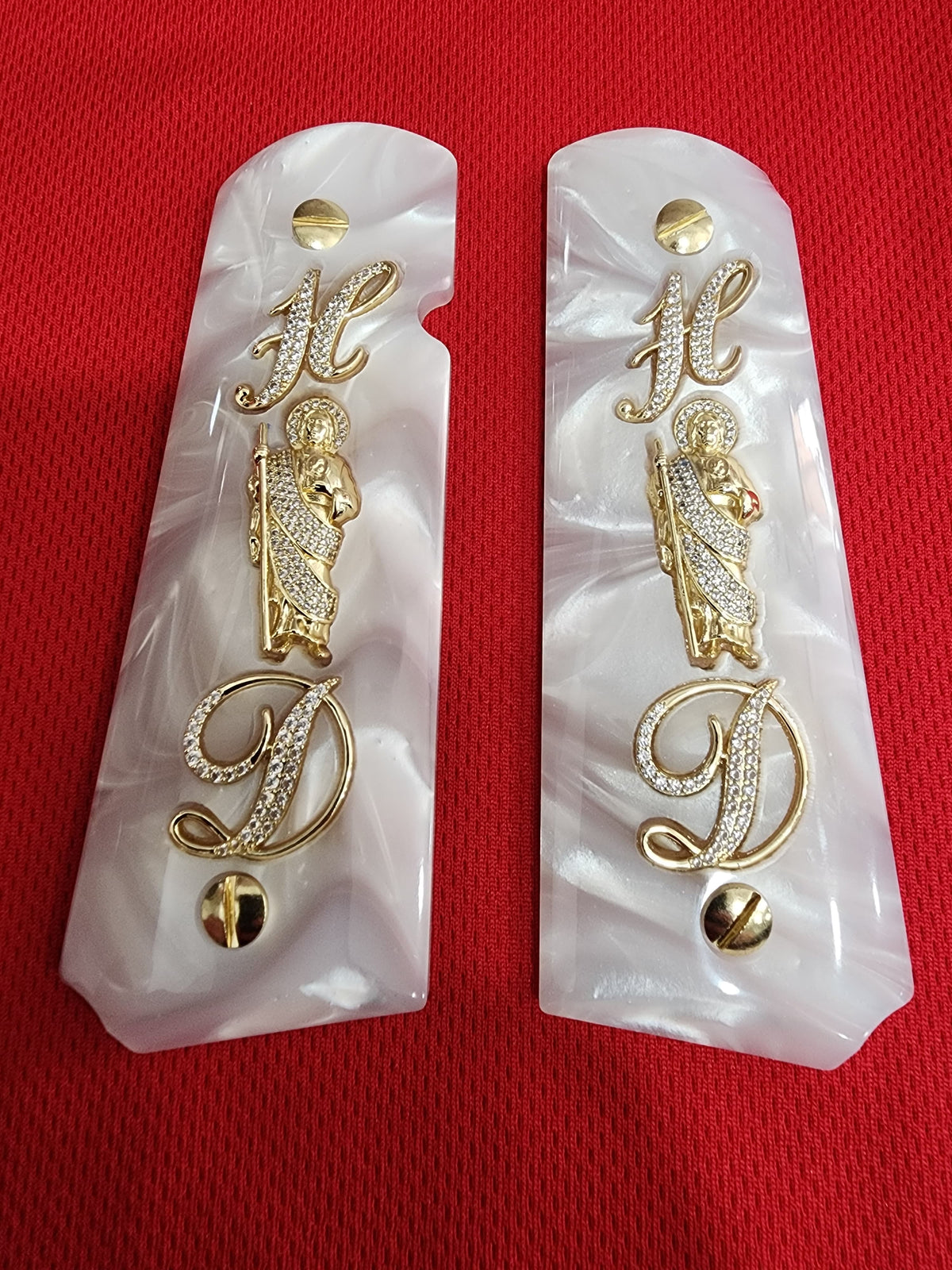1911 White Pearlite San Judas Gold Plated & “H” “D” Intials Stones Grips – .45 ACP / .38 Super (Gold Plated Screws)