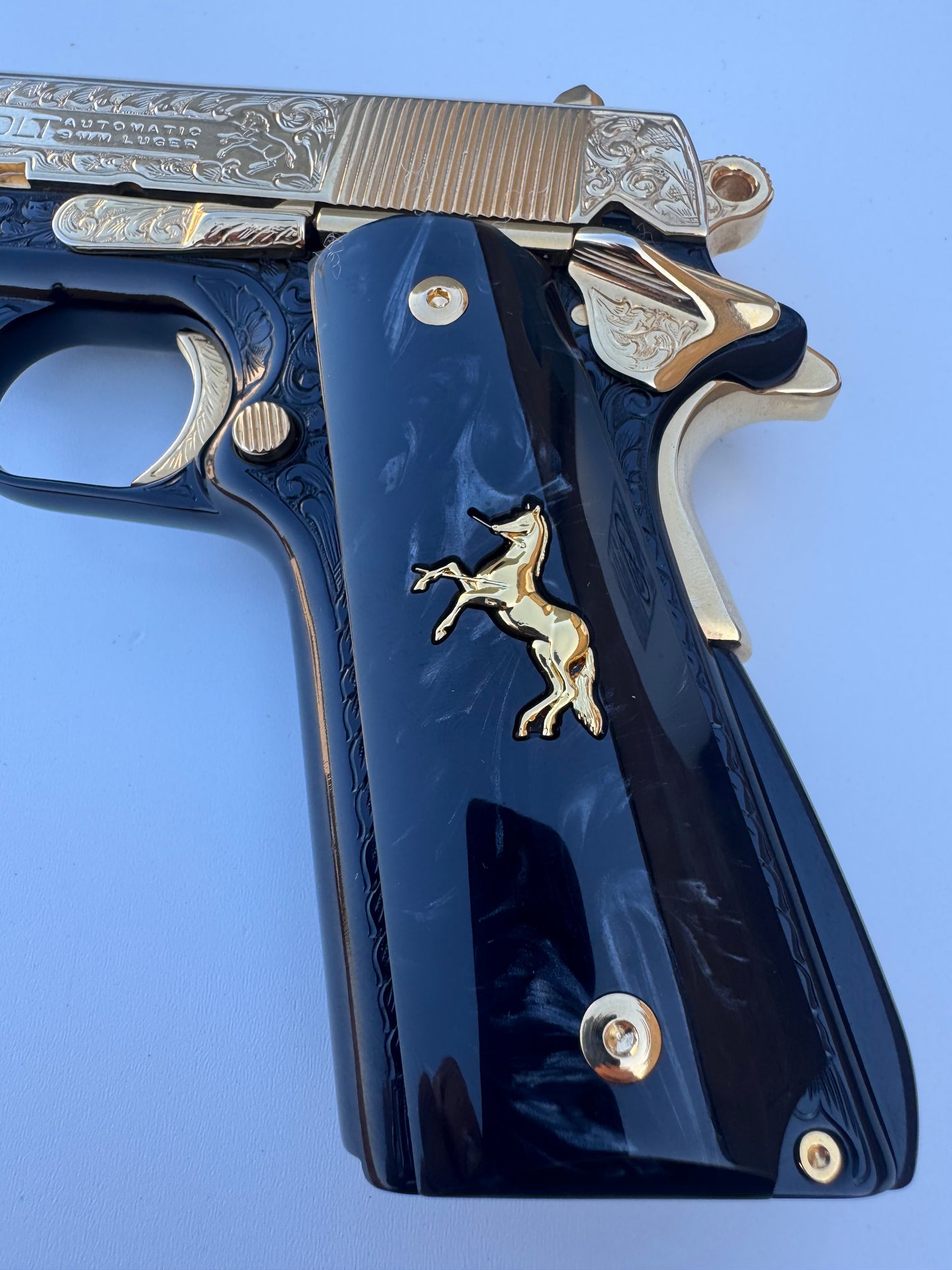 1911  Rampart Horse Black Pearl Grips 24k Plated .45 38 Super caliber