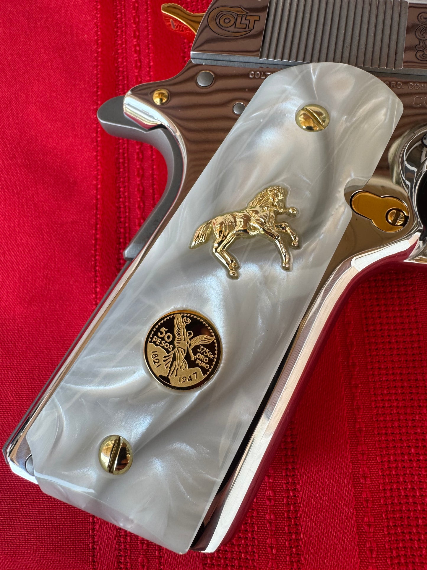 1911 Horse / Mini-scale Gold Fill Centenario coin 24k Grips White Pearl Grips