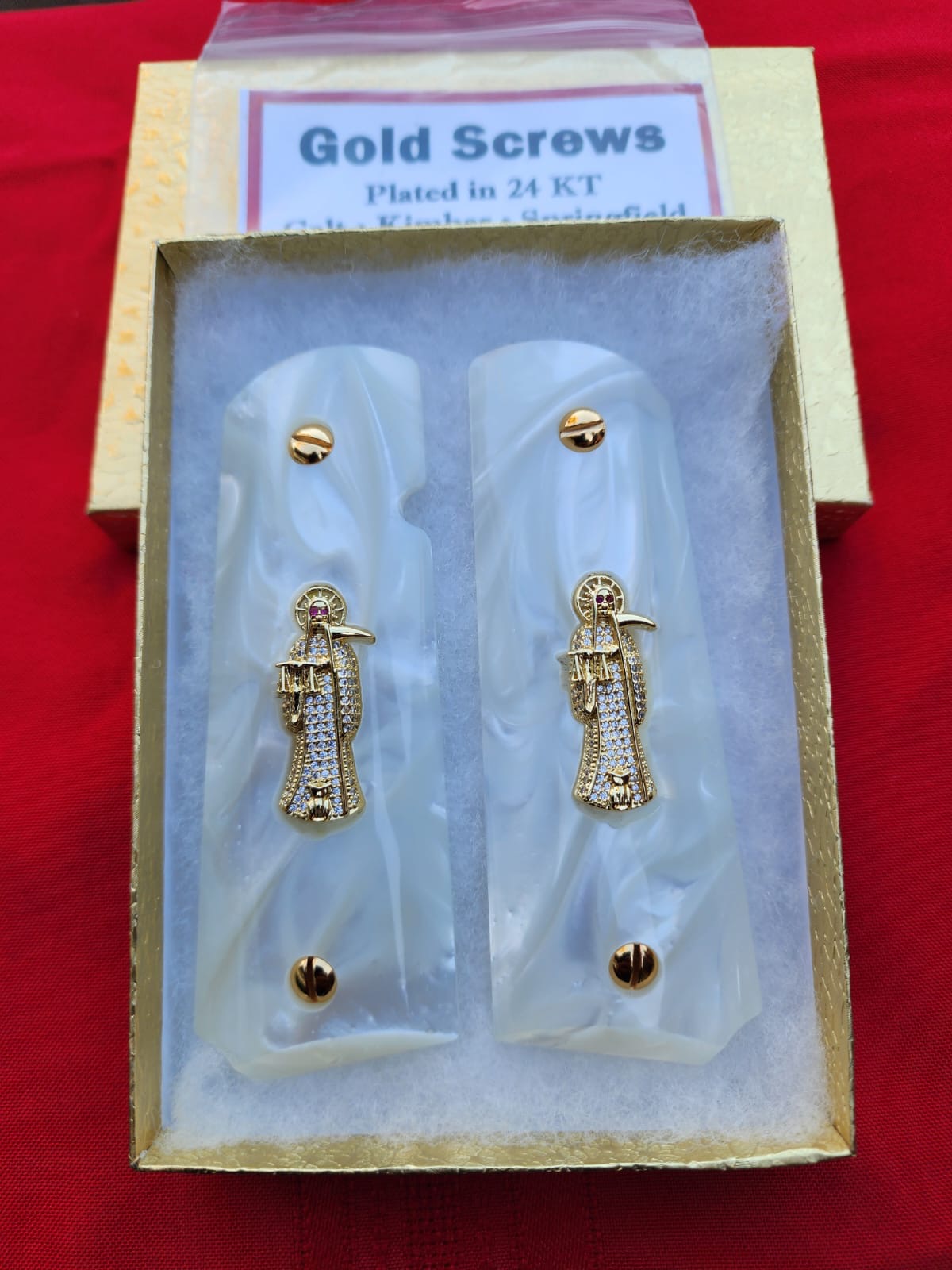 1911 Santa Muerte Design with CZ stones with 24K Gold Plated Screws White Pearlite Grips