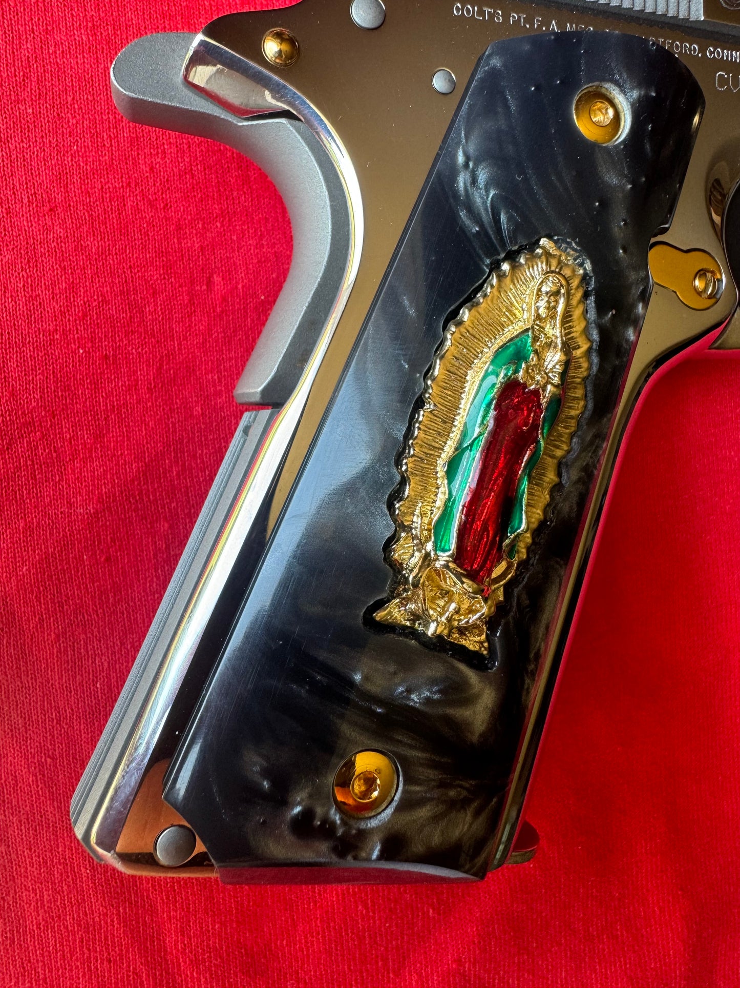 1911 Virgin De Guadalupe 24k Gold Plated Inlayed Grips Black Pearl Grips