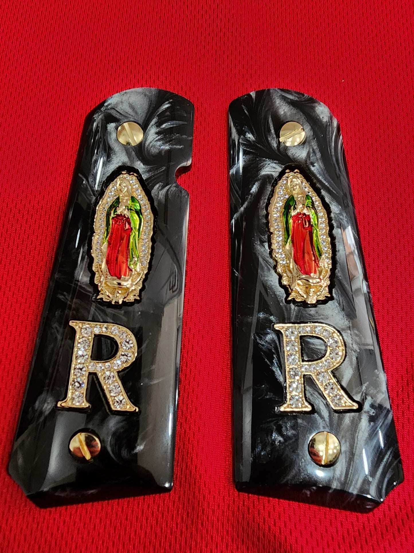 1911 Black Pearlite Virgin Mary Gold Plated 24k & Crystal “R” Grips – .45 ACP / .38 Super (Gold Plated Screws)