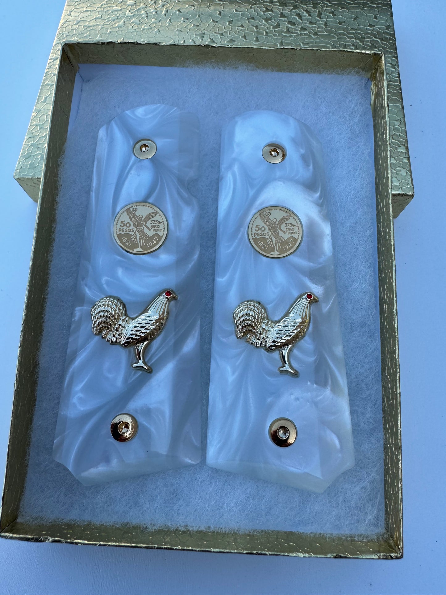 1911 Rooster Centenario 24k Gold Plated Inlayed CZ stone and Gold Fill  White Pearl Grips