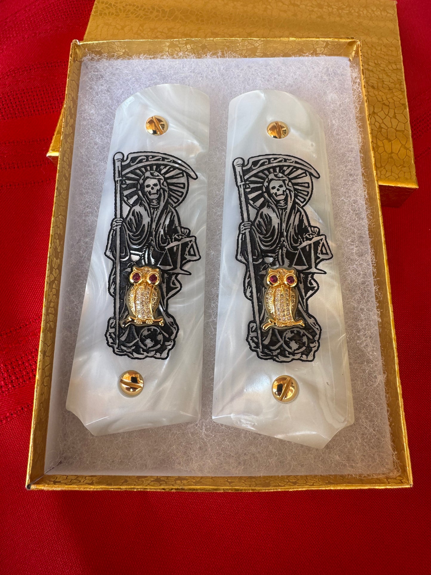 1911 Santa Muerte Design with CZ Gold Owl & 24K Gold Plated Screws White Pearlite Grips
