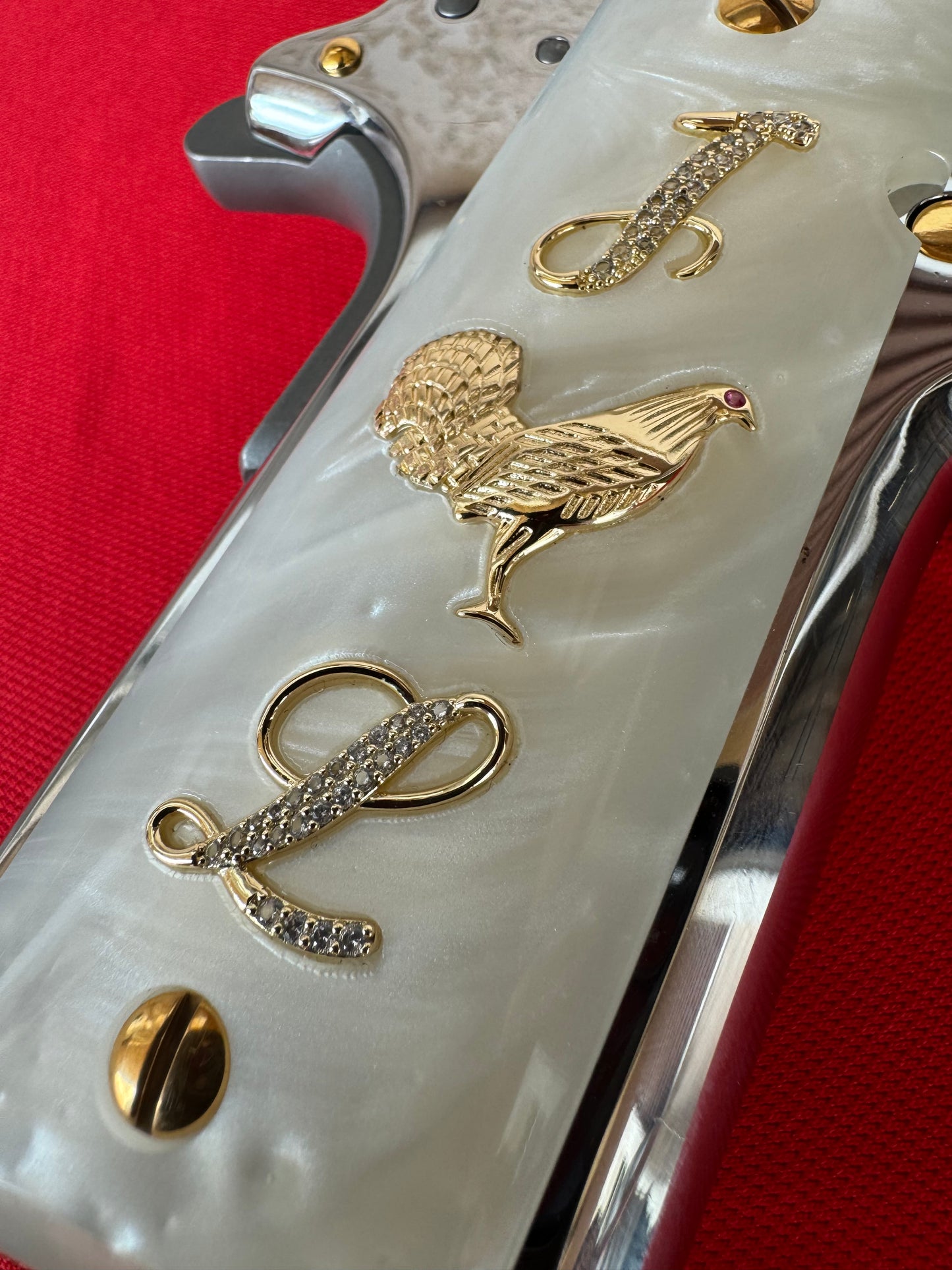1911 "Rooster" “I”  “L” 24k Gold Plated Inlayed CZ stones Grips  White Pearl Grips