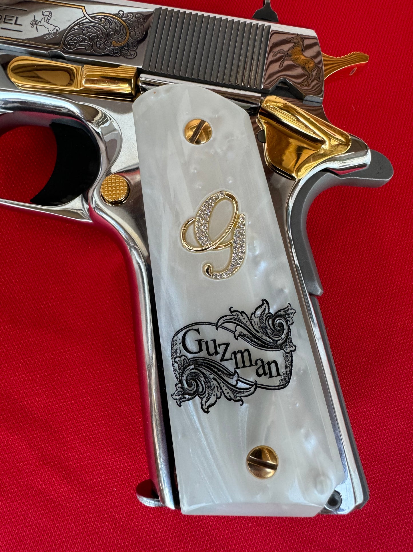 1911 “G” Last Name “Guzman” 24k Gold Plated Inlayed CZ stones Grips  White Pearl Grips