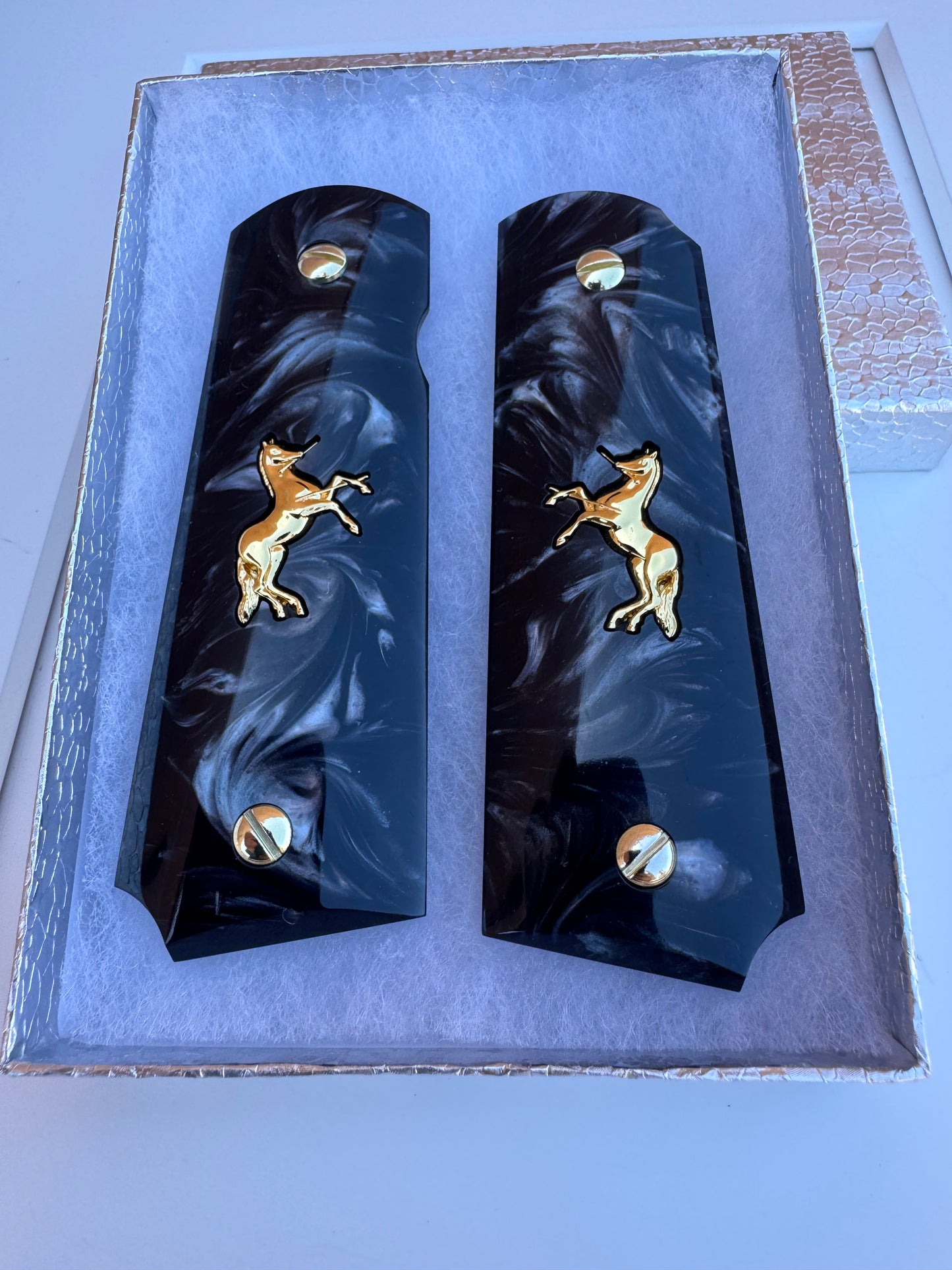 1911 Rampart Horse Black Pearl Grips 24k Plated .45 38 Super caliber