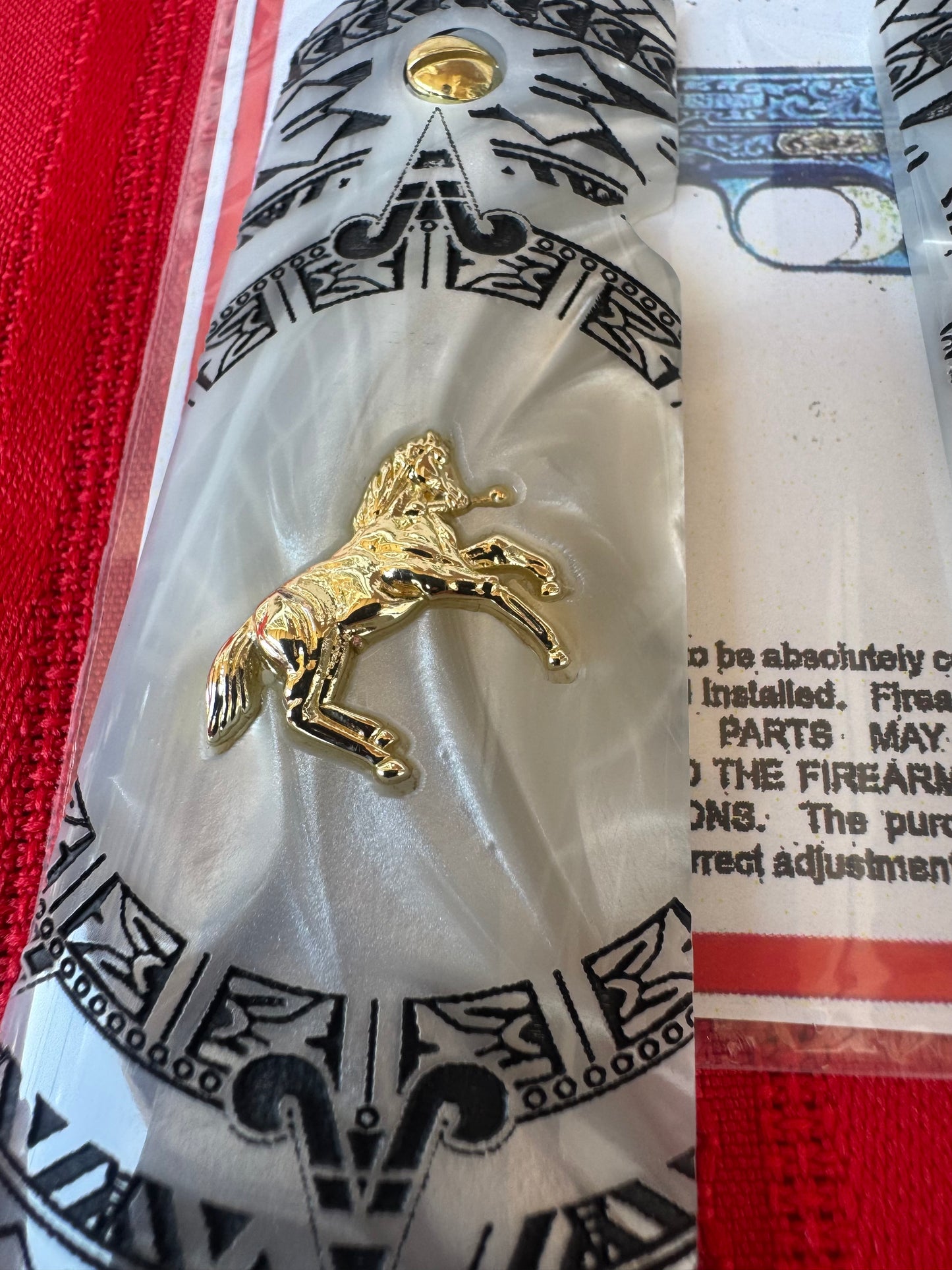 1911 Colt Gold-Plated Horse Grips – Pearl with Aztec Motif Engraving (.45 ACP / .38 Super) – Rare