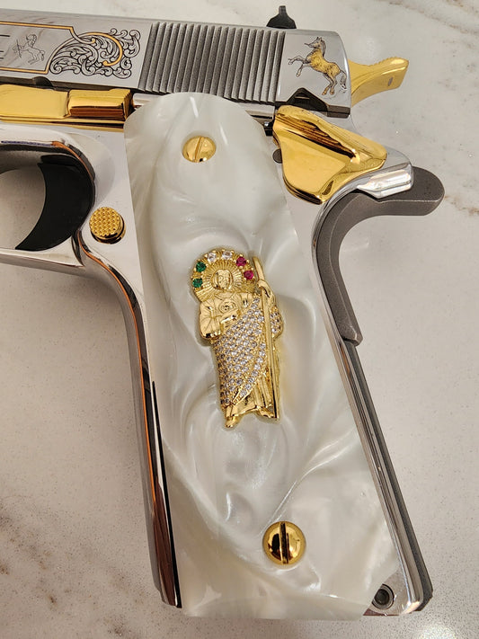 1911 San Judas Inlays with CZ Stones & 24K Gold Plated Screws l Pearlite Grips