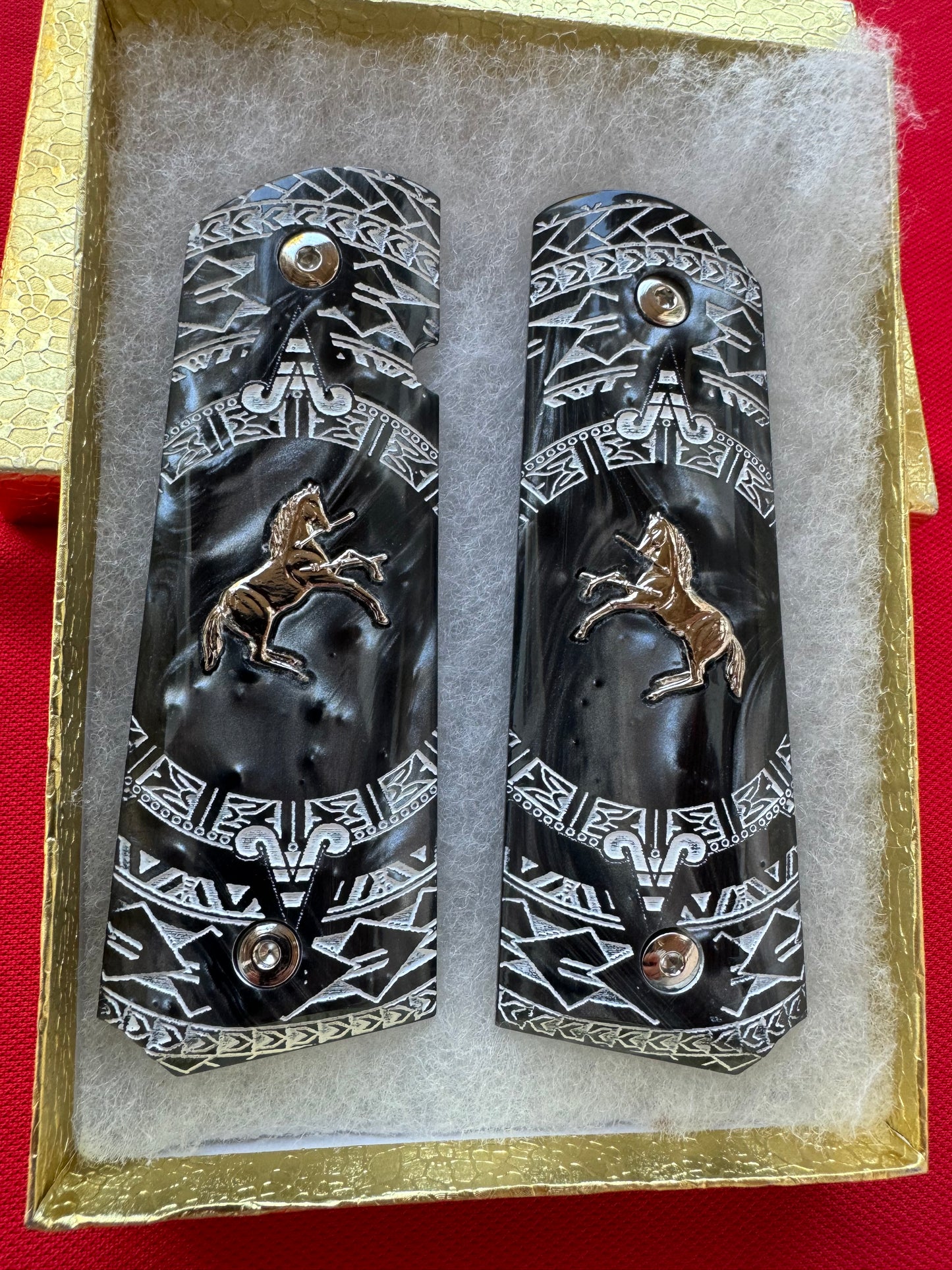 1911 Colt Gold Horse Plated Black Pearl Aztec Motif Engraved grips 45 38 super Rare