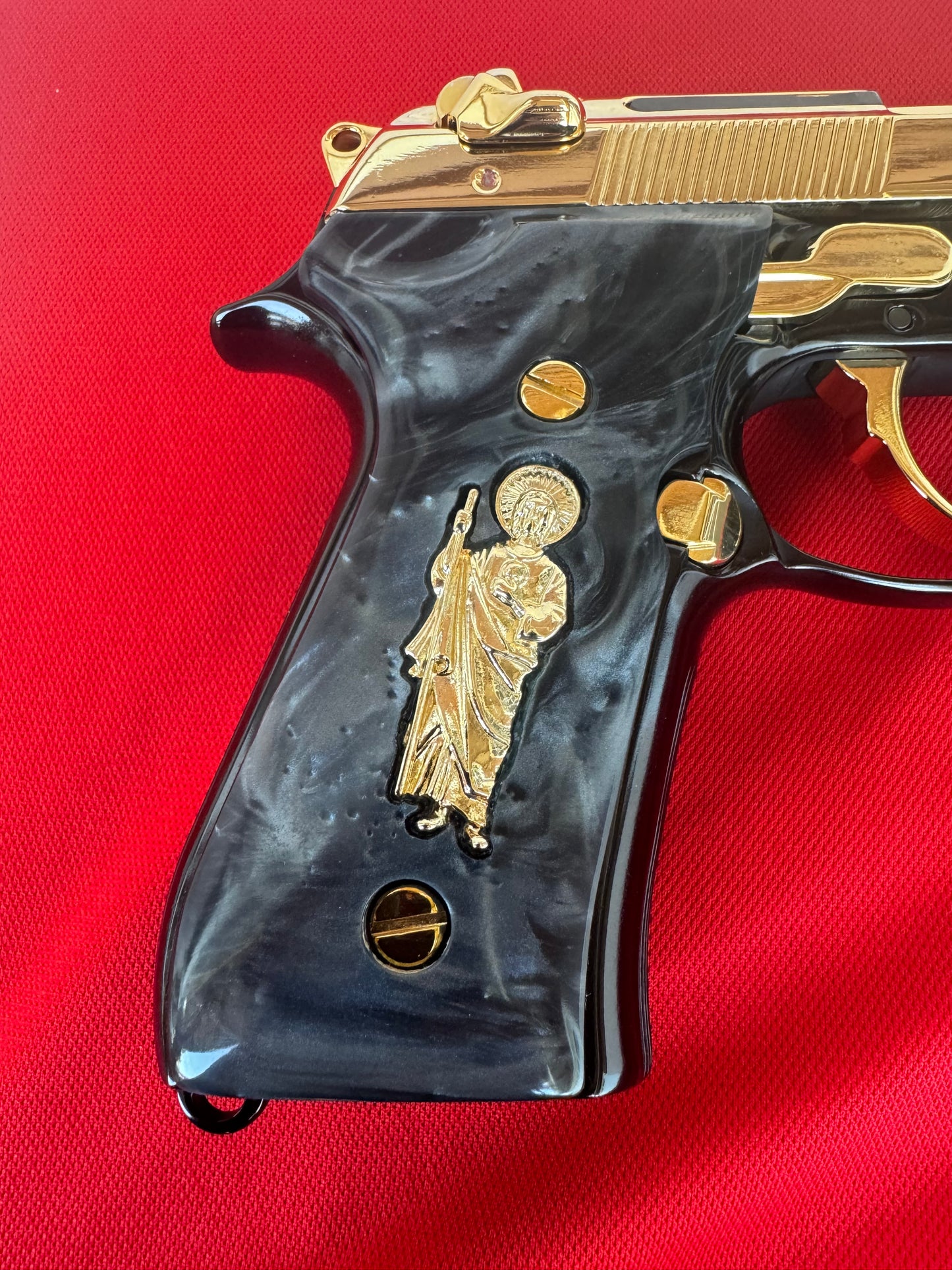 Beretta Black Pearl Custom San Judas Grips 24k gold plated  92 Fs 96 Fs M9