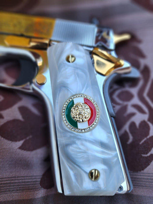 1911 Mexican Flag Inlays with CZ Stones & 24K Gold Plated Screws White Pearlite Grips