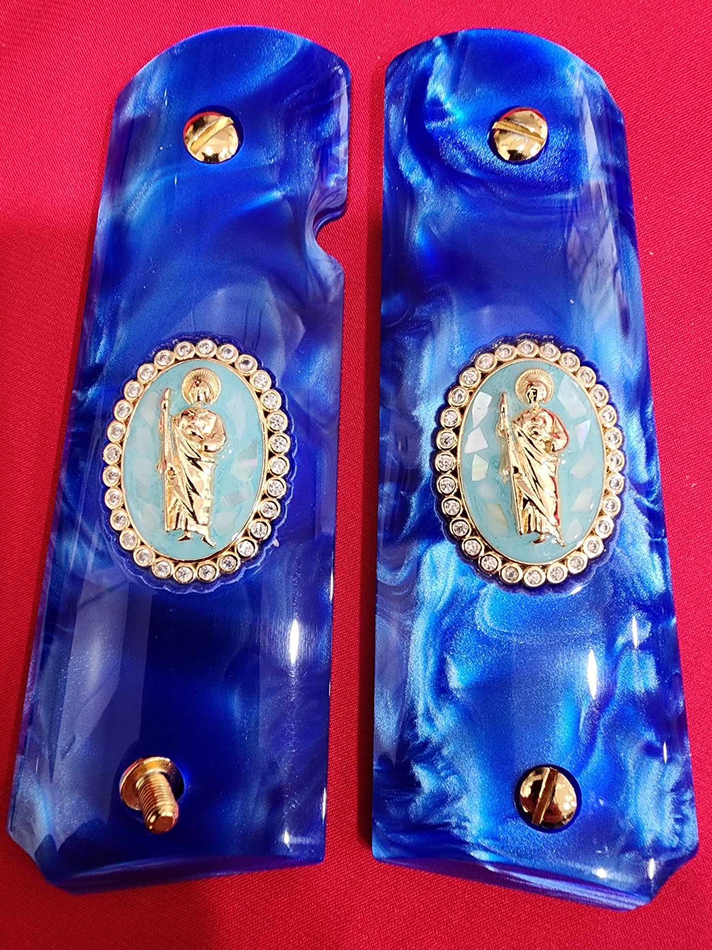 1911 Royal Blue Swirl Pearlite Grip – San Judas Gold Oval Plated with CZ stones border – Government Model
