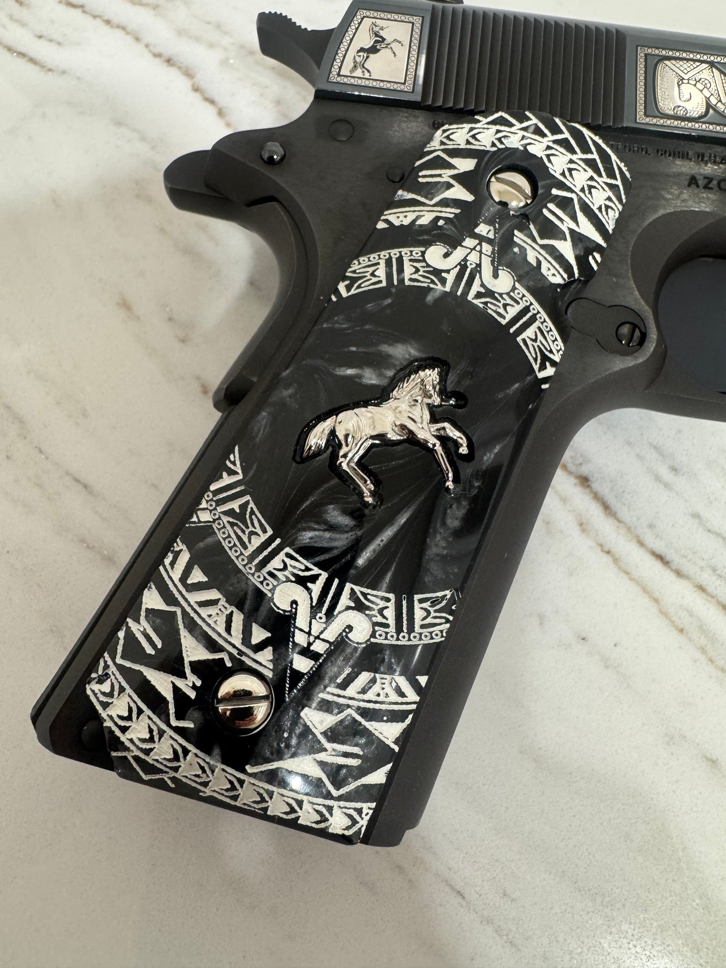1911 Colt Nickel-Plated Horse Grips – Pearl with Aztec Motif Engraving (.45 ACP / .38 Super) – Rare