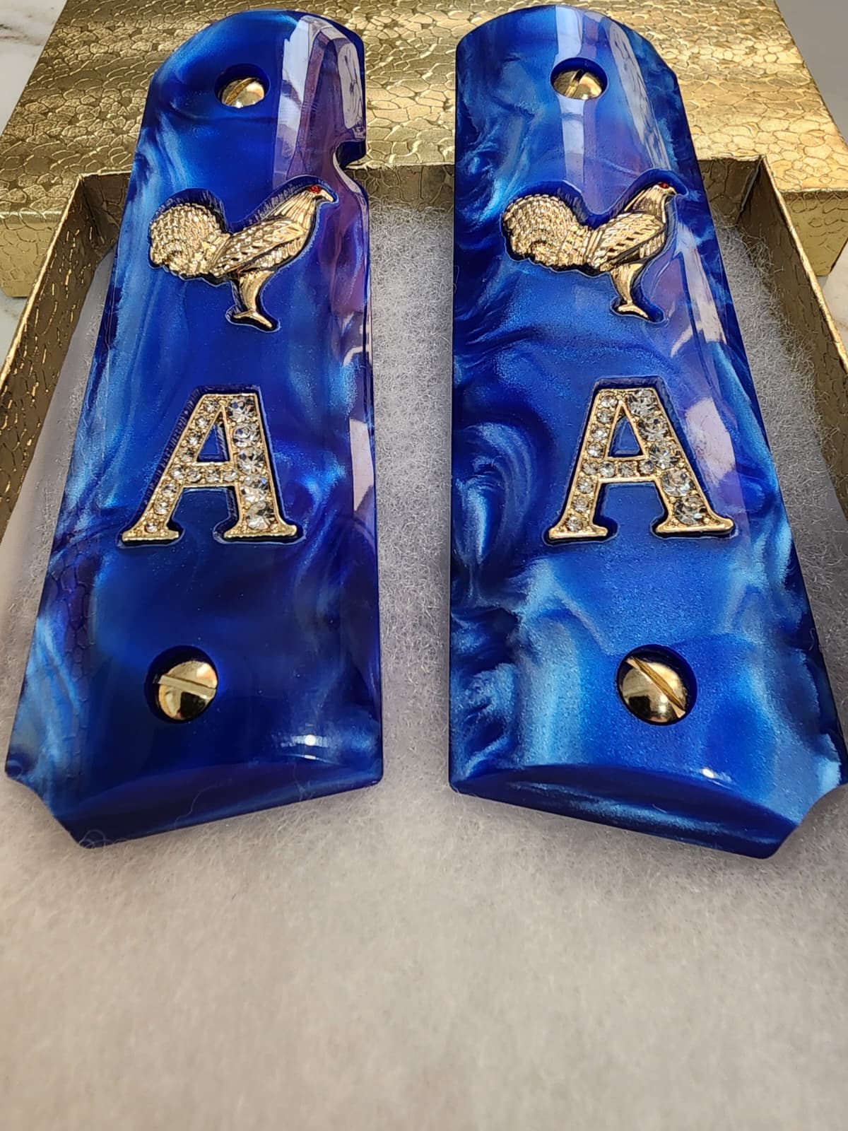 1911 Royal Blue Swirl Pearl Grips Horse “A” Letter Inlay with CZ Stones 24K Gold Plated Horse