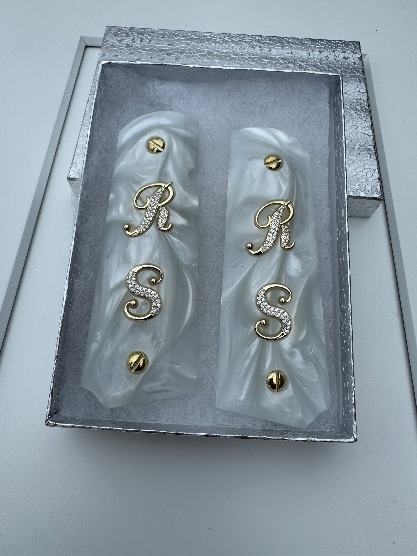 1911 “R” “S” 24k Gold Plated Inlayed CZ stones Grips white Pearl Grips