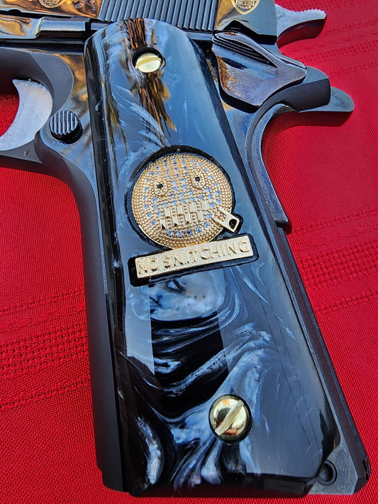 1911 Zipped Face Inlays with CZ Stones & 24K Gold Plated Screws Black Pearlite Grips