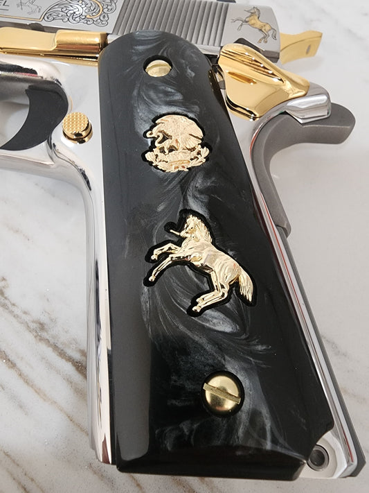 1911 Black Pearl "Aguila" “Horse” 24k Gold Plated Grips  Pearl Grips