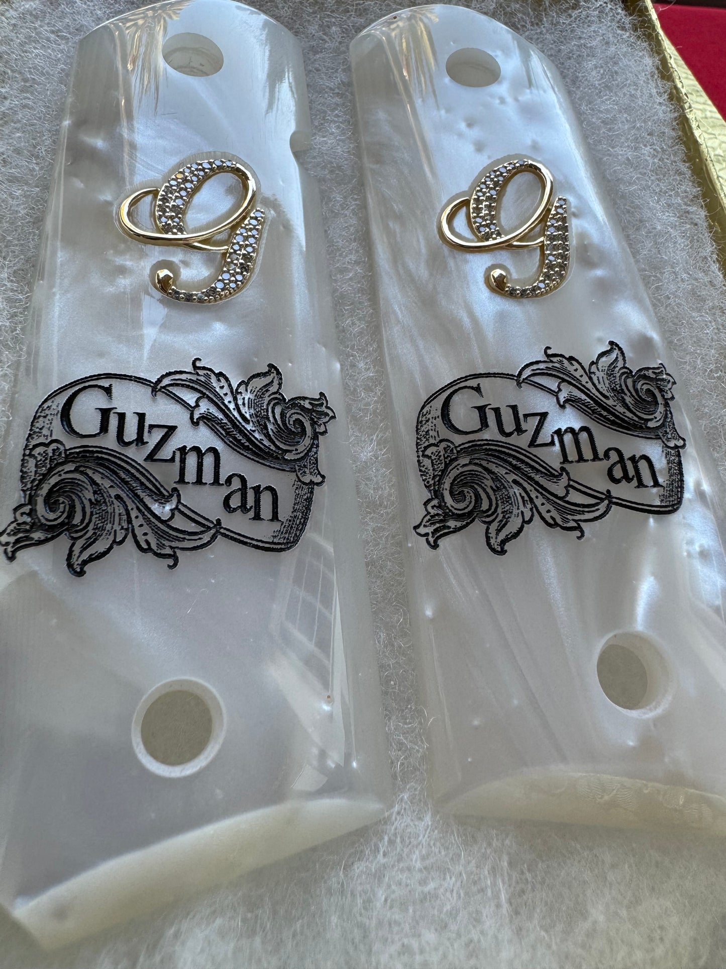 1911 “G” Last Name “Guzman” 24k Gold Plated Inlayed CZ stones Grips  White Pearl Grips