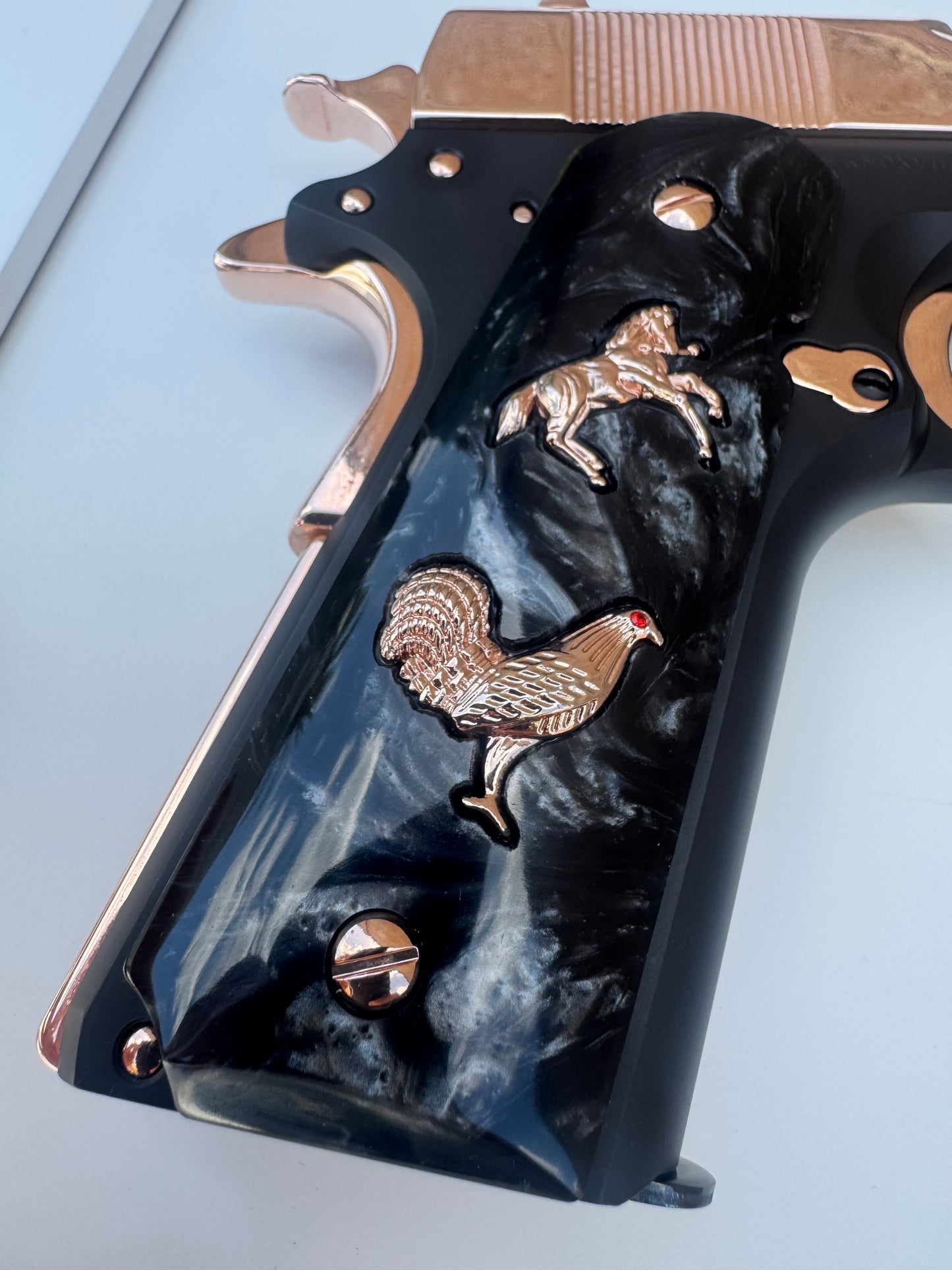 1911 Rooster Rampart Horse Rose Gold plated grips 45 38 super