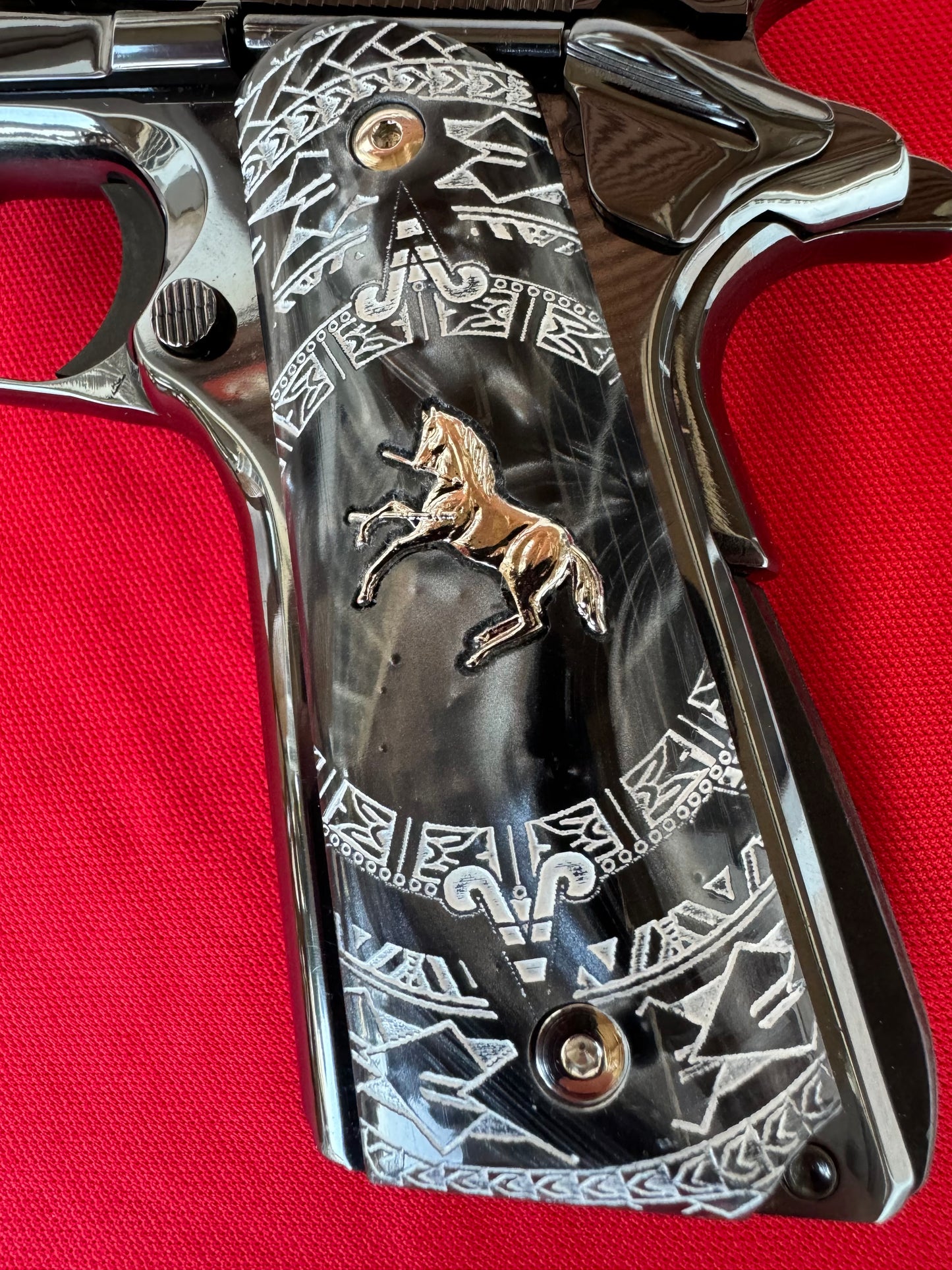 1911 Colt Gold Horse Plated Black Pearl Aztec Motif Engraved grips 45 38 super Rare