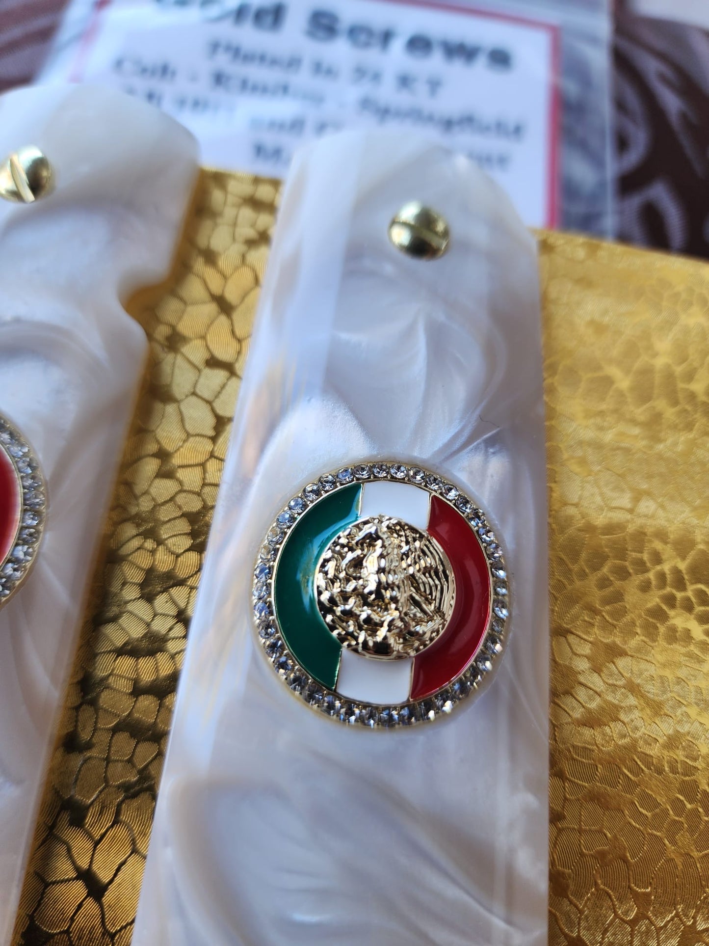 1911 Mexican Flag Inlays with CZ Stones & 24K Gold Plated Screws White Pearlite Grips