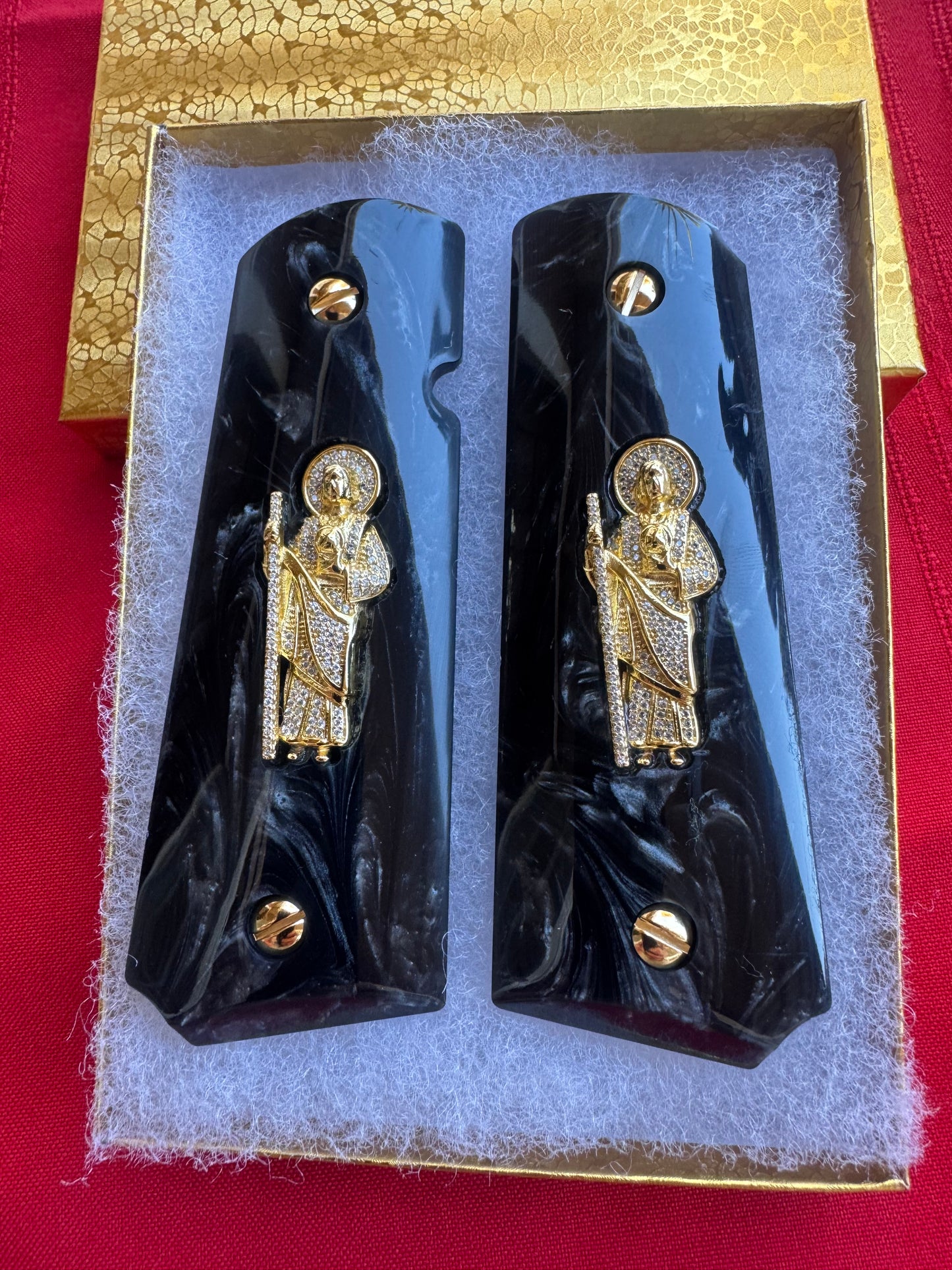 1911 San Judas Inlays with CZ Stones & 24K Gold Plated Screws Black Pearlite Grips