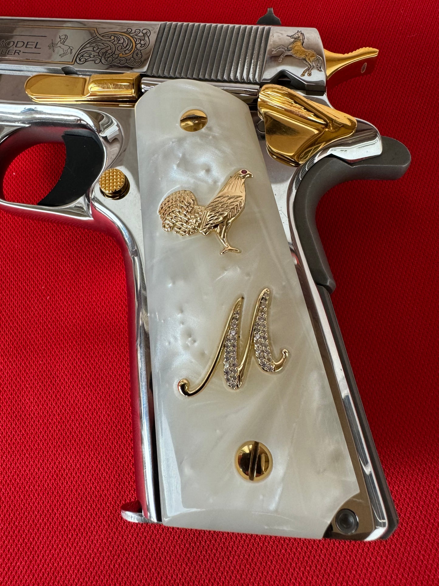 1911 Rooster “M” 24k Gold Plated Inlayed CZ stones Grips  White Pearl Grips