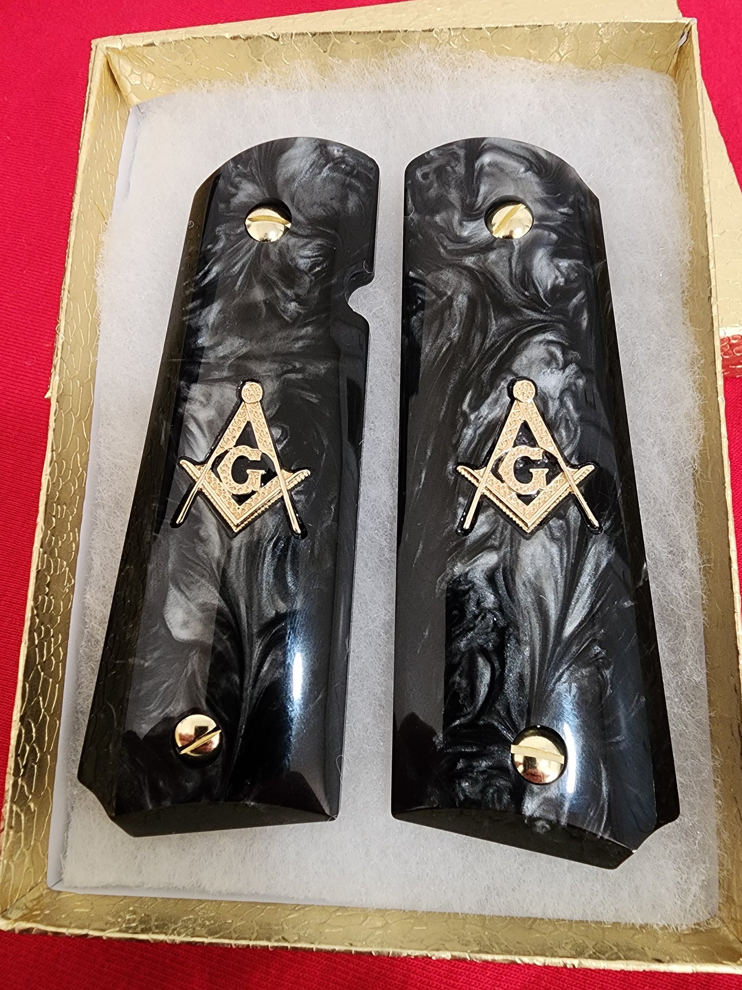 Custom 1911 Black Pearl Grips w/ Gold Plated Masonic Emblem & Screws