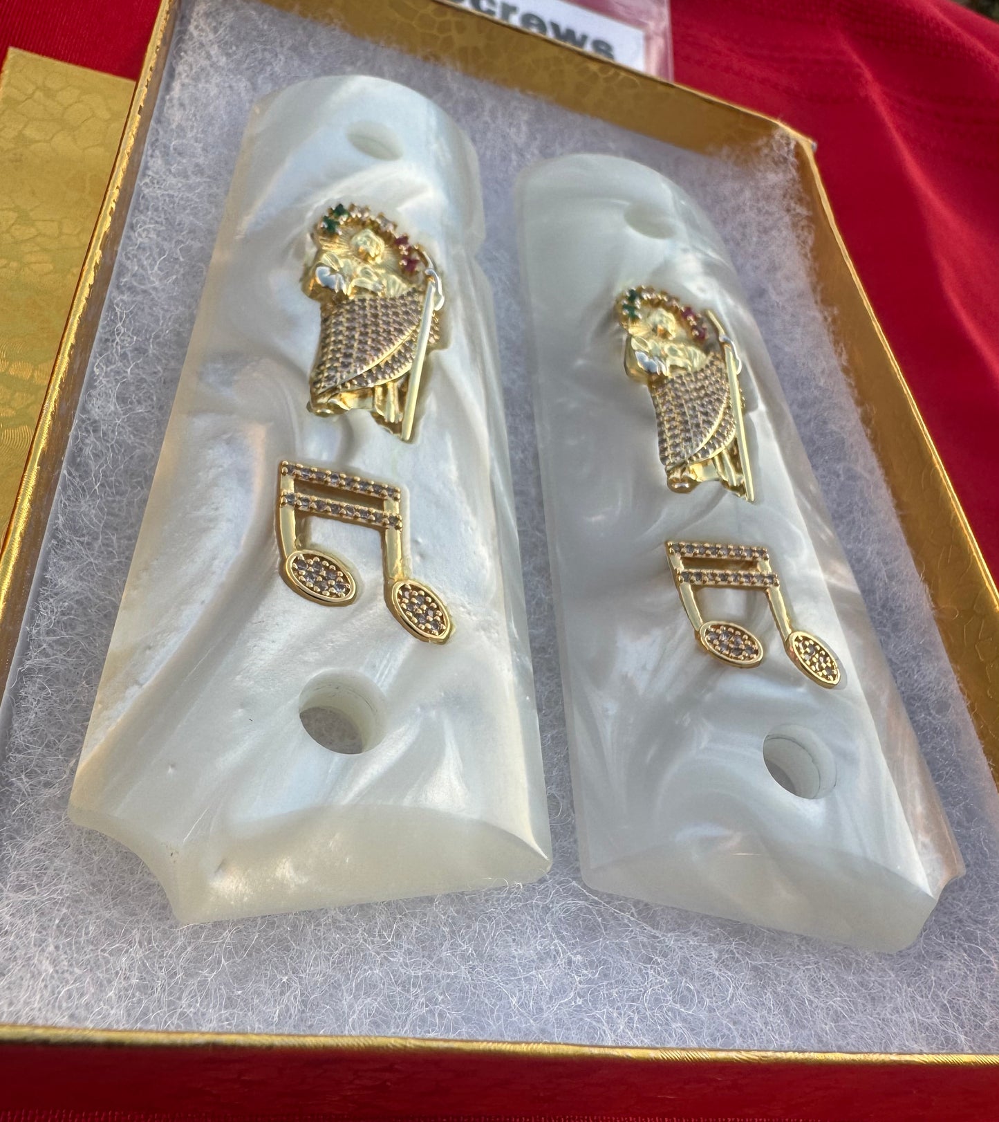 1911 White Pearl Grips – San Judas & Music Note Inlays with Gold plated Screws