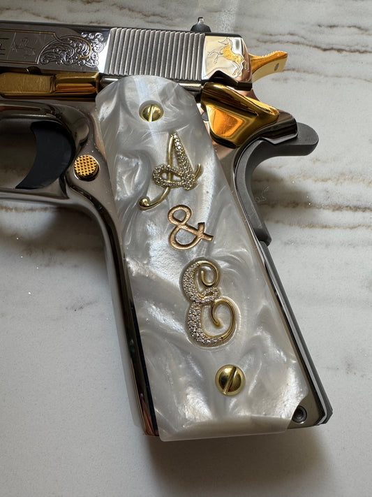 1911 Full Size White Pearl Grips “A & E” Gold Letter Inlays with CZ Stones Compatible with .45 ACP / .38 Super