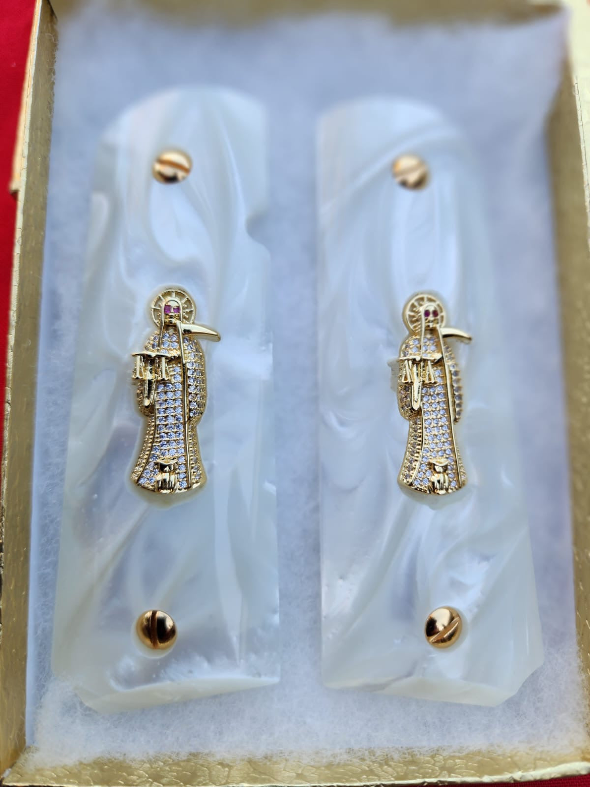 1911 Santa Muerte Design with CZ stones with 24K Gold Plated Screws White Pearlite Grips