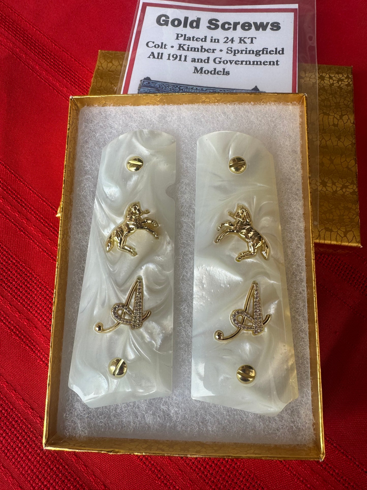 1911 White Pearl Grips “A” Letter Inlay with CZ Stones 24K Gold Plated Horse