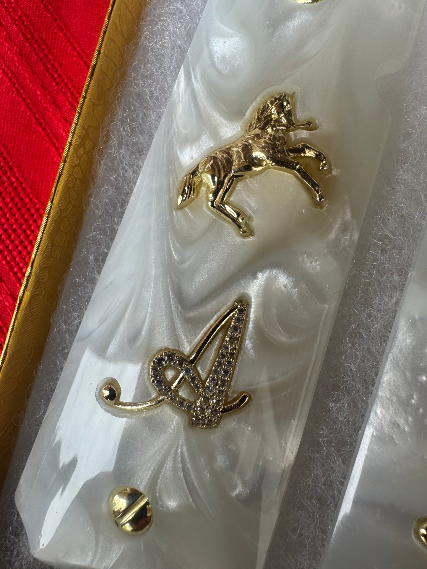 1911 White Pearl Grips “A” Letter Inlay with CZ Stones 24K Gold Plated Horse