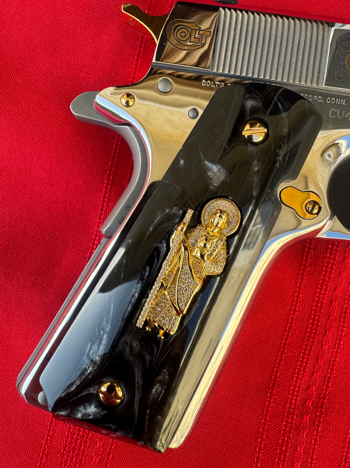 1911 San Judas Inlays with CZ Stones & 24K Gold Plated Screws Black Pearlite Grips
