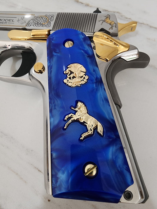 1911 Grips – Royal Swirl Blue Pearl with 24k Gold Plated Mexican Eagle and Rampart Horse Emblems (24k Gold Screws)
