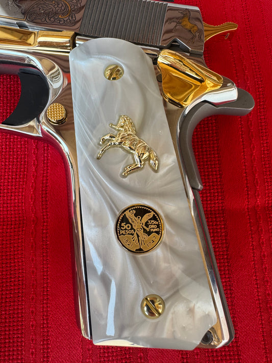 1911 Horse / Mini-scale Gold Fill Centenario coin 24k Grips White Pearl Grips