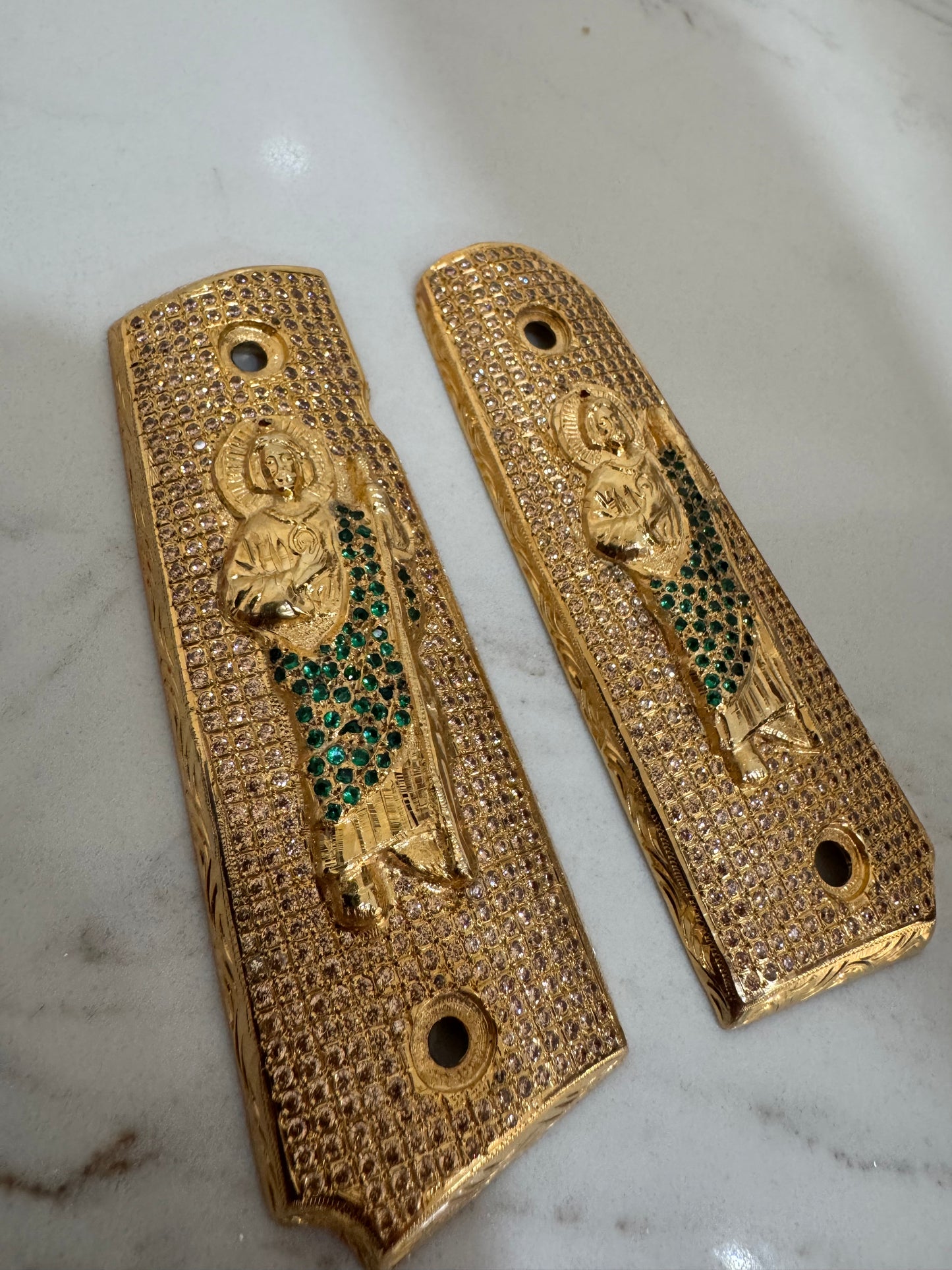 San Judas 1911 Pistol Grips – Green CZ Stone Inlay – Full-Size 1911