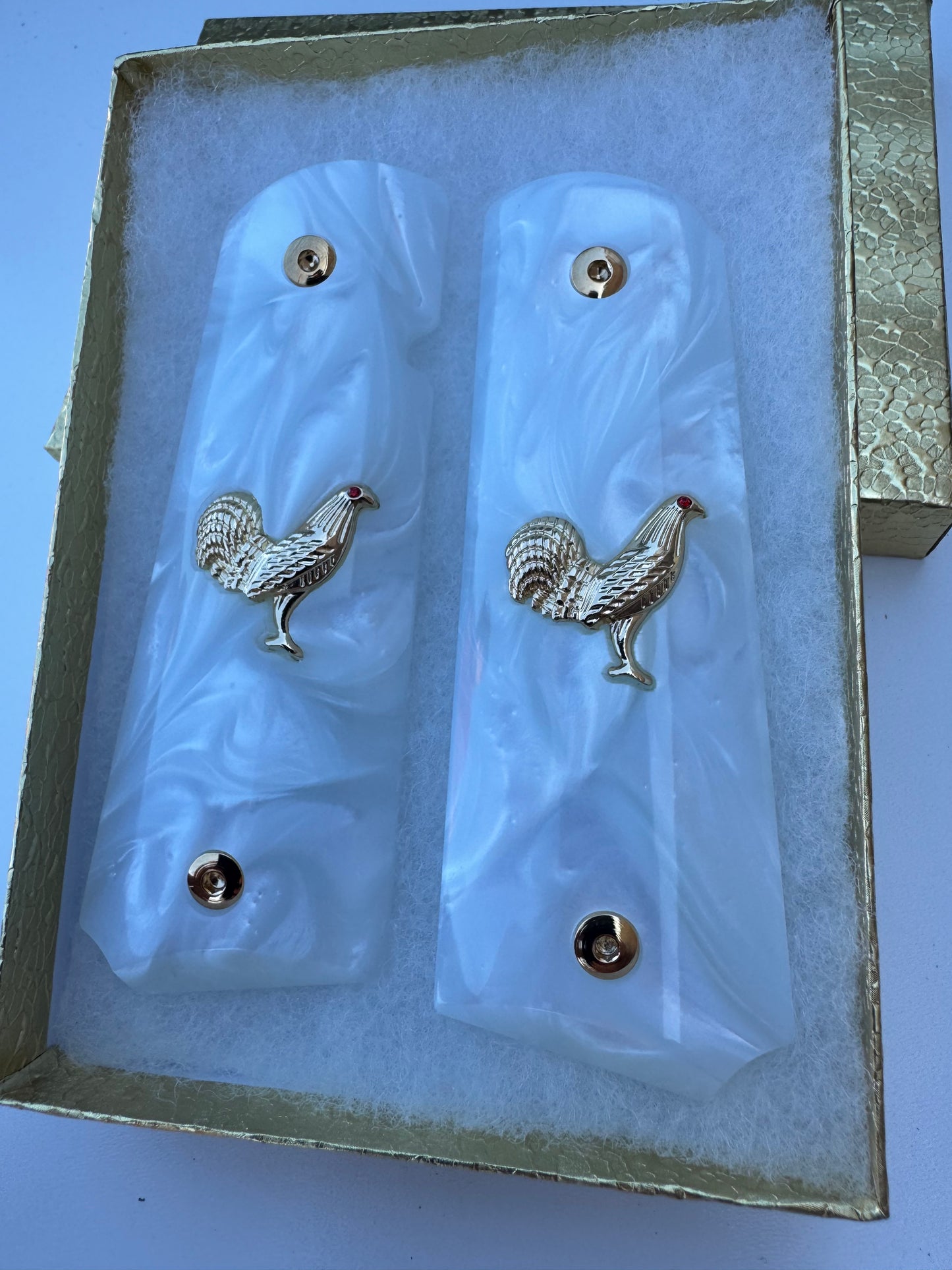 1911 Rooster 24k Gold Plated Inlayed CZ stone and Gold Fill  White Pearl Grips