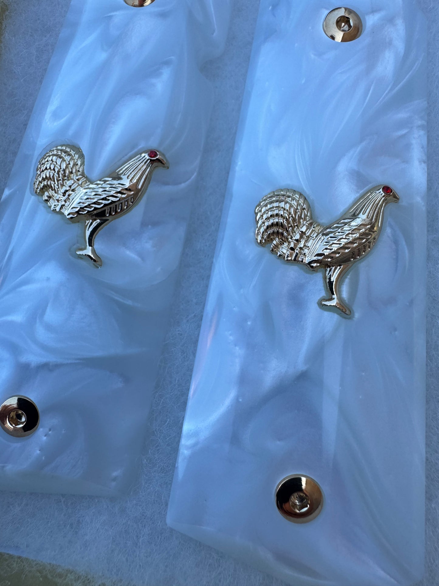 1911 Rooster 24k Gold Plated Inlayed CZ stone and Gold Fill  White Pearl Grips