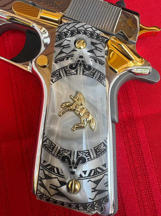 1911 Colt Gold-Plated Horse Grips – Pearl with Aztec Motif Engraving (.45 ACP / .38 Super) – Rare