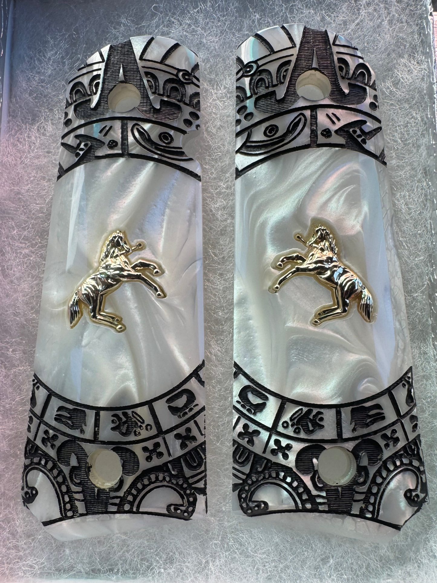 1911 Colt Gold Plated Horse Grips Pearlite with Aztec Motif Engraving (.45 ACP / .38 Super)